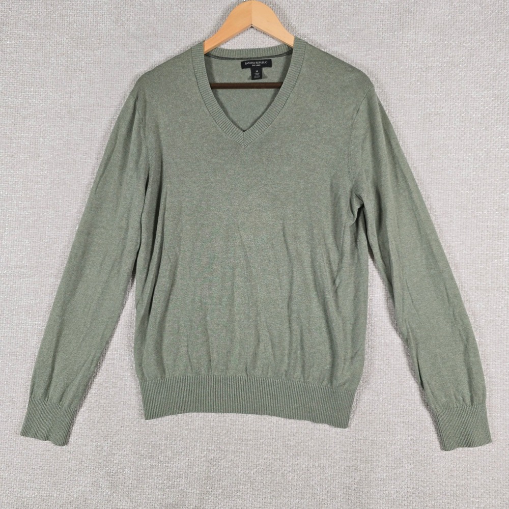 Banana Republic Silk Linen Sweater Mens Medium Green V Neck Pullover Knit M